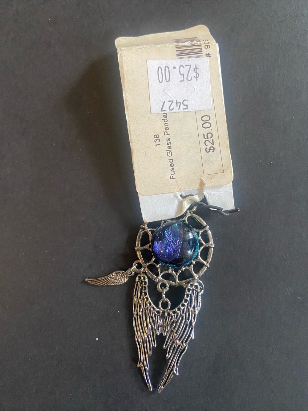 Iridescent Blue Fused Glass Dreamcatcher Necklace with Silver Wings